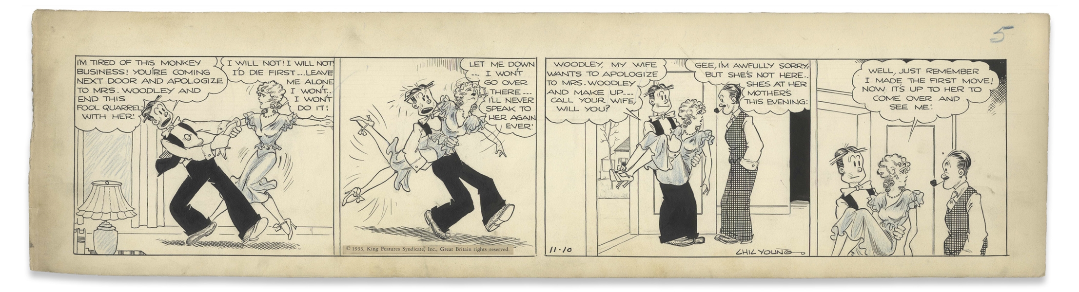 Chic Young Hand-Drawn ''Blondie'' Comic Strip From 1933 -- Featuring Dagwood, Blondie & Herb Woodley